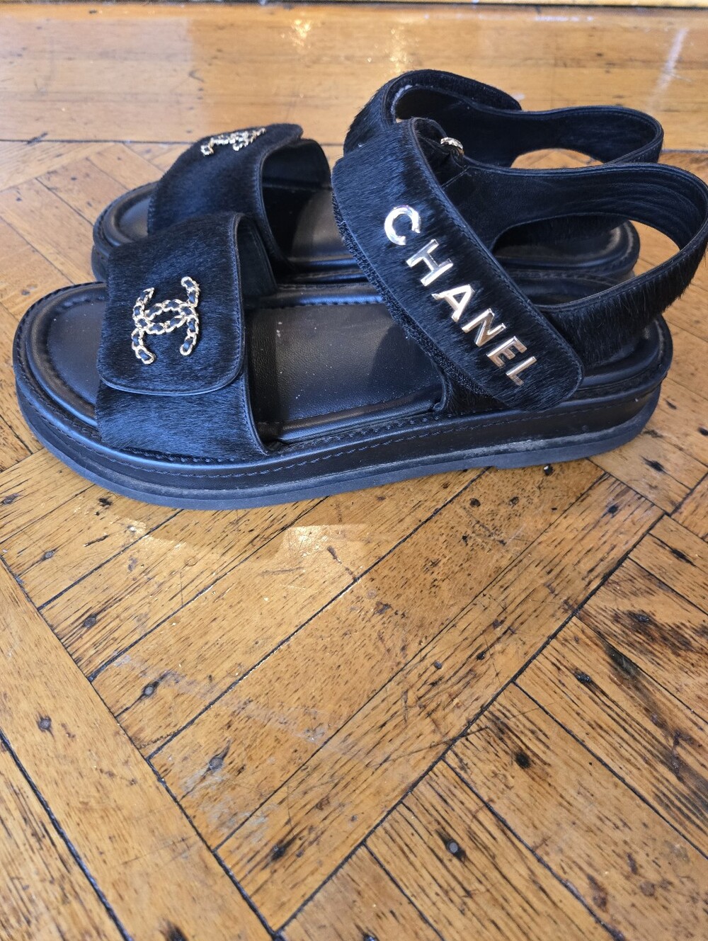 Chanel CC Pony hair Leather Sandel Flat Shoes 38.5